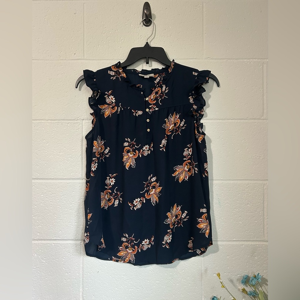 LOFT Floral Navy Blue and Orange Ruffled Blouse